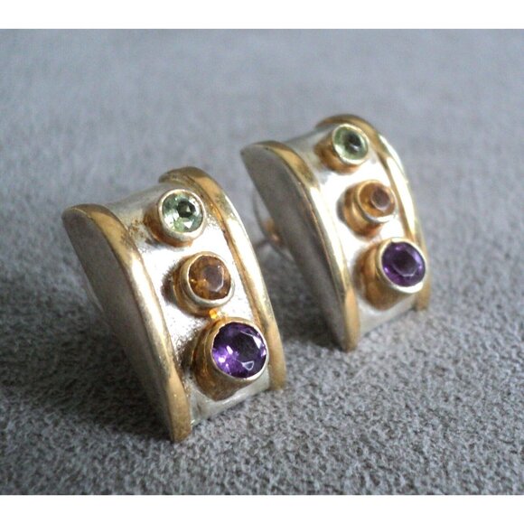 Vtg Gilt STERLING Silver AMETHYST Citrine Peridot CURVED EARRINGS .75" on Posts - Picture 1 of 9